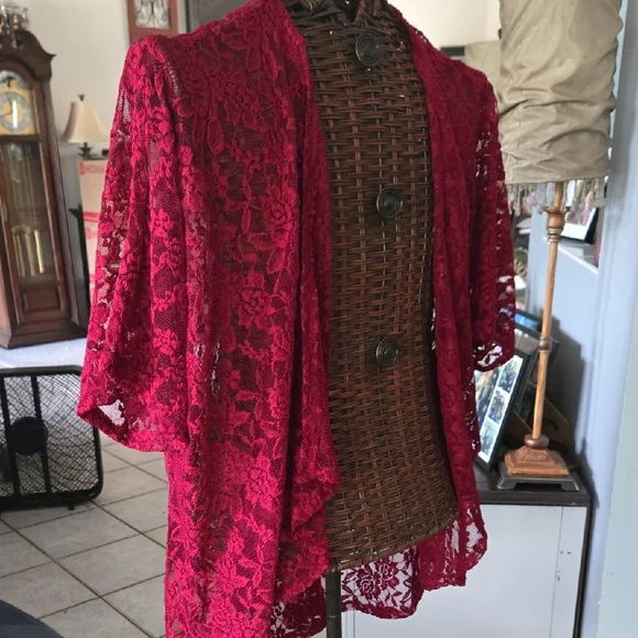 Red Lace Open-Front Cardigan - Picture 8 of 8